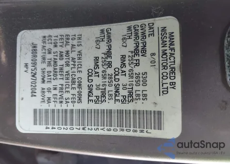 2002 Nissan Pathfinder Se z USA, uszkodzony, nr VIN JN8DR09Y52W702044